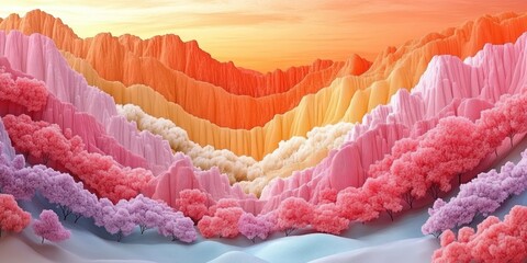 Abstract Landscape with Pink and Orange Mountains and Trees