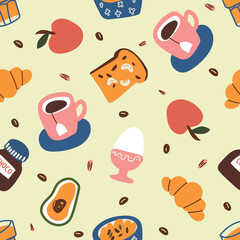 Vector seamless pattern with breakfast items. Hot tea, toast, croissant, avocado, egg, fruit, chocolate on a lemon background.