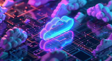 Neon light cloud computing futuristic technology and cloud storage illustration embodies network technologies cyberspace, showcasing a futuristic server in isometric perspective, dark background.