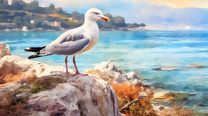 Seagull in nature Watercolor Style
