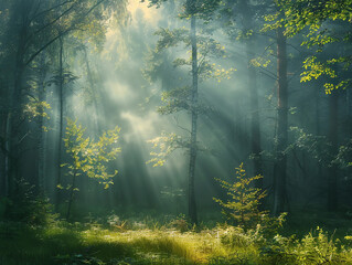 Sunlight filtering through trees in a misty forest during early morning