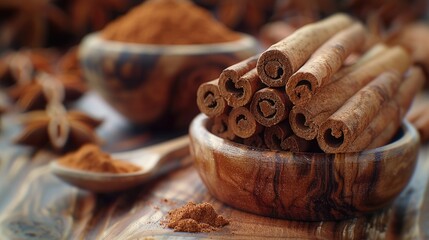 Cinnamon sticks on a wooden background. Cinnamon spice in a spoon and bowl. Ceylon cinnamon. 