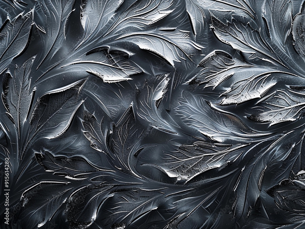 Poster intricate frost patterns resembling leaves on a dark surface create a stunning winter motif