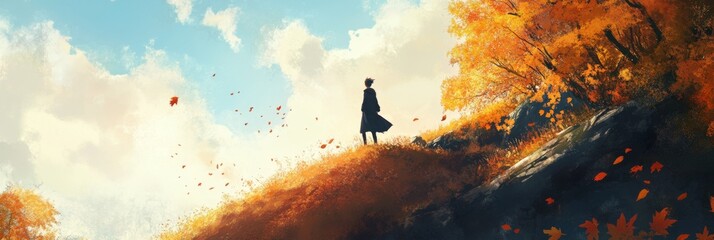 Fototapeta premium Autumn Ascend: Anime-Style Journey Through Hilly Landscapes Rich with the Vibrant Colors of Fall, Abstract Art for Gaming and Storytelling