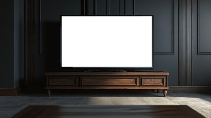 A large flat screen TV with a blank white screen, placed on a dark wooden table. The background is a simple gray wall