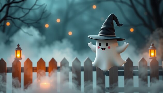 the adorable 3d cartoon ghost donned in a classic black witchs hat levitates near a wooden fence surrounded by flickering lanterns and ghostly fog creating a charmingly spoo