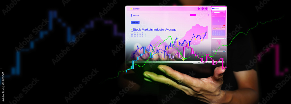 Poster businessman holding a digital tablet displaying an interactive stock market chart with colorful grap