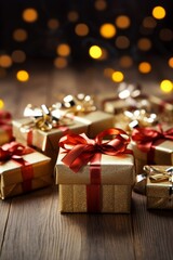 Luxurious gift boxes with golden and red ribbons, perfect for festive occasions.