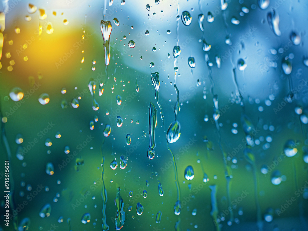 Poster raindrops on a window with greenery and soft sunlight in the background during a rainy day