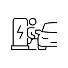 Man charging car icon. Simple outline style. Electric vehicle, charge, station, ev, eco, green energy, environment, technology concept. Thin line symbol. Vector illustration isolated.
