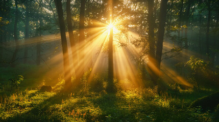 Sunlight beams illuminate a lush forest at dawn