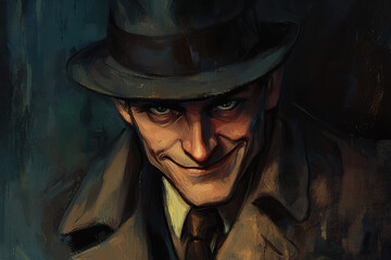 Fototapeta premium A cunning thief with piercing eyes and a sly grin, dressed in a trench coat and hat, emanates an air of mystery and mischief in the dimly lit scene.