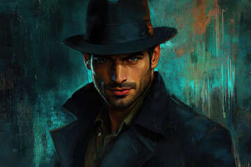 A mysterious figure with piercing eyes and a sly smile stares directly, set against a textured shadowy background in a masterful portrayal of intrigue.