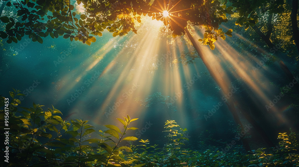 Poster sunlight filtering through leaves in a tranquil forest at dawn, creating a magical atmosphere with r
