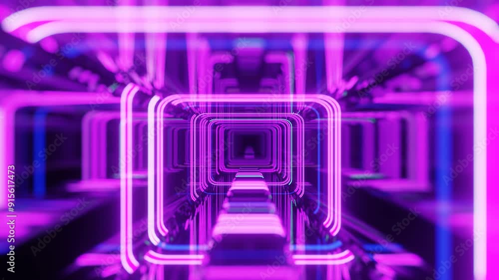 Poster 4k seamless looped animation. fly through mirror tunnel with neon pattern, glow lines form sci fi pa
