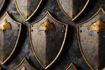 A row of intricately designed golden shields with ancient symbols stand guard, reflecting a legacy of protection and valor through ages past.