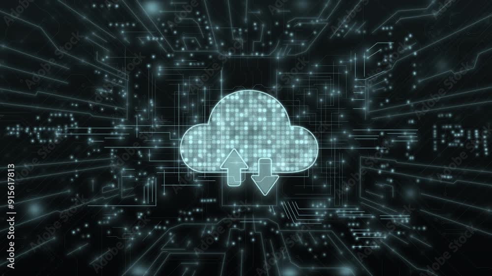 Poster cloud computing with arrows for data movement, highlighting the importance of cloud services in enabling efficient data processing, storage, and retrieval in a digital infrastructure.