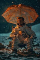 Obraz premium Astronaut enjoying a drink under a golden umbrella.