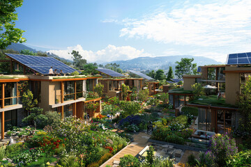 Obraz premium Experience the future! Visit this vibrant, solar-powered community. Marvel at eco-friendly architecture harmonizing with nature, embodying sustainable living.
