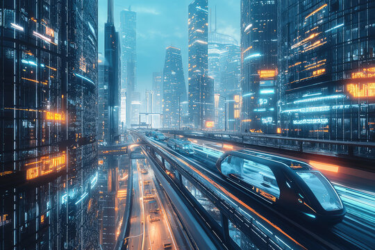 A sleek futuristic city with advanced transportation networks, luminous skyscrapers, and ambient lighting, showcasing technological marvels.