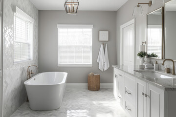 Modern spa-like bathroom with a luxurious soaking tub and rainfall shower, complemented by serene decor and elegant fixtures in soft hues.