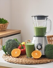 Green smoothie glass and blender with high vitamin c and fiber of vegetables on table background