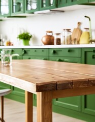 Mock-up for product stand ,Wood table in green kitchen with cupboard background