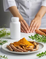 Mock up White supplement bottle on table with cur cumin powder and two hands of human background