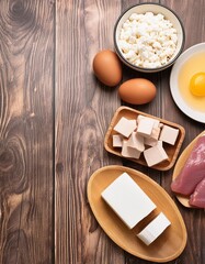Food contain protein,eggs,tofu,meat  on wooden table, top view background with copy space 