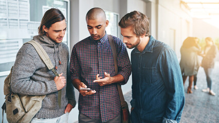 Happy, students and friends with communication or smartphone for networking, social media and...