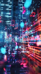 Obraz premium A futuristic city illuminated by neon lights, with colorful musical notes floating throughout the atmosphere