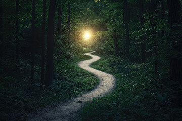 Obraz premium A winding path through a dark forest, illuminated by a mysterious glowing light, creating an enchanting and mystical atmosphere of adventure.