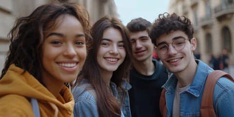 Obraz premium A group of young people standing together, possibly friends or classmates