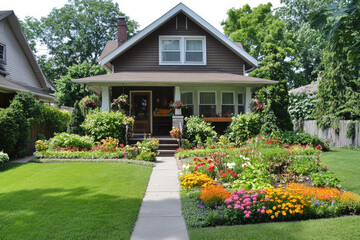 A charming suburban home with a manicured lawn, vibrant flowers, and a cozy front porch, surrounded by lush greenery under a clear blue sky.