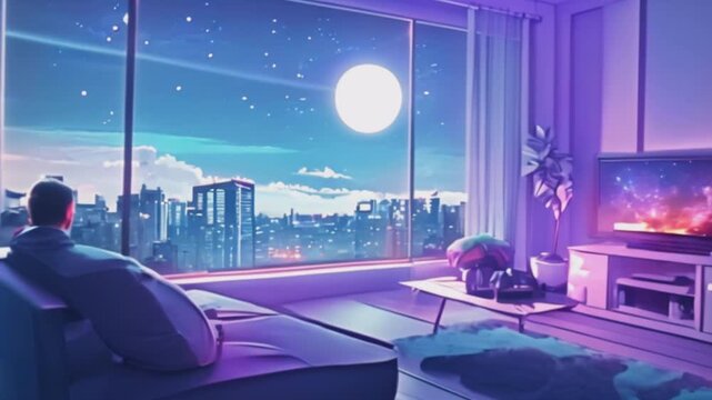 Cozy Futuristic Living Room at Sunset
