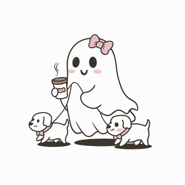  Halloween ghost ,The ghost is accompanied and taking two small white ghost dogs for walk