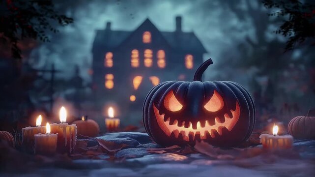 Realistic halloween scary pumpkin with haunted house in the background, dark concept, motion animation looping video animated background 