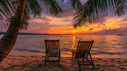 Summer beach landscape  Luxury vacation and holiday concept, summer travel  Panoramic landscape of sunset beach, two palm leaf, colorful sunset sky for paradise island view A dramatic sunset, 

