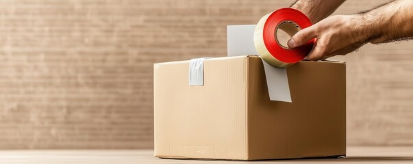 Fototapeta premium Cardboard moving boxes being sealed with packing tape, shipping labels in view, final stage of preparation