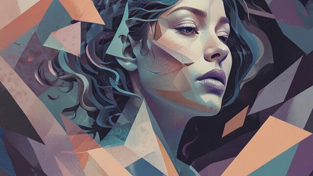 Surreal abstract portrait of a woman, featuring flowing colorful patterns and soft hues in a dreamy, ethereal composition.