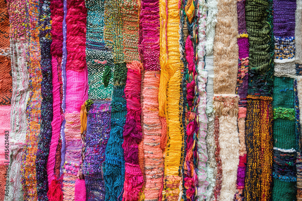 Poster vibrant threads of every hue weave into a breathtaking tapestry, showcasing intricate patterns and t