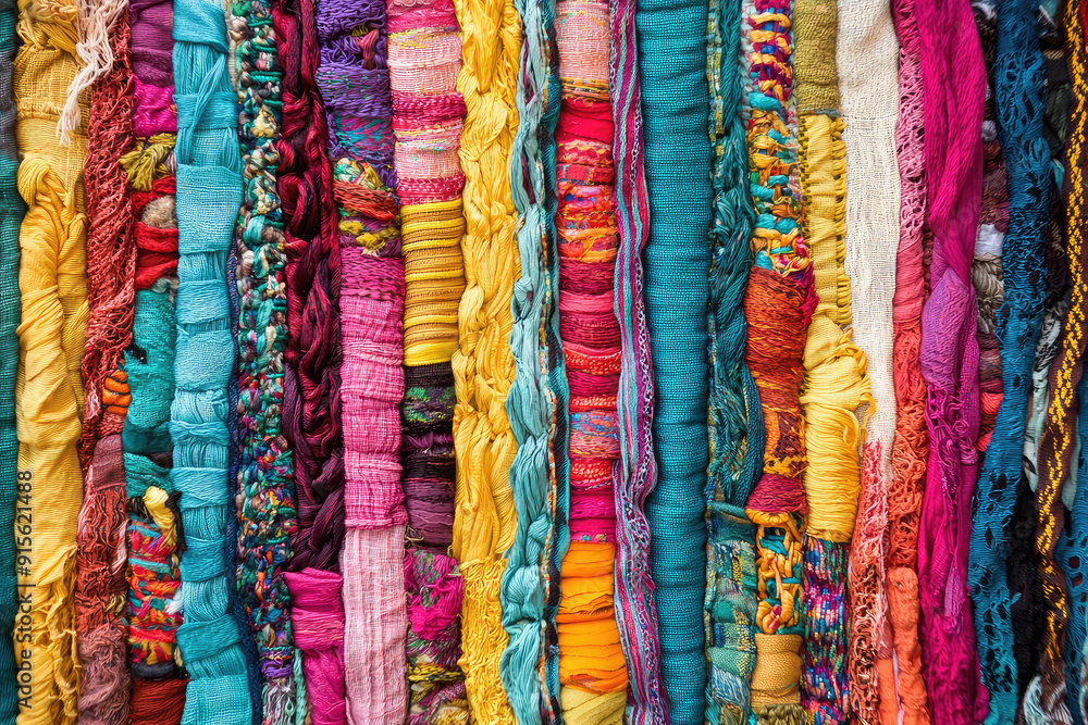 Poster a vibrant array of intricately woven fabrics in a spectrum of colors, showcasing a beautiful blend o