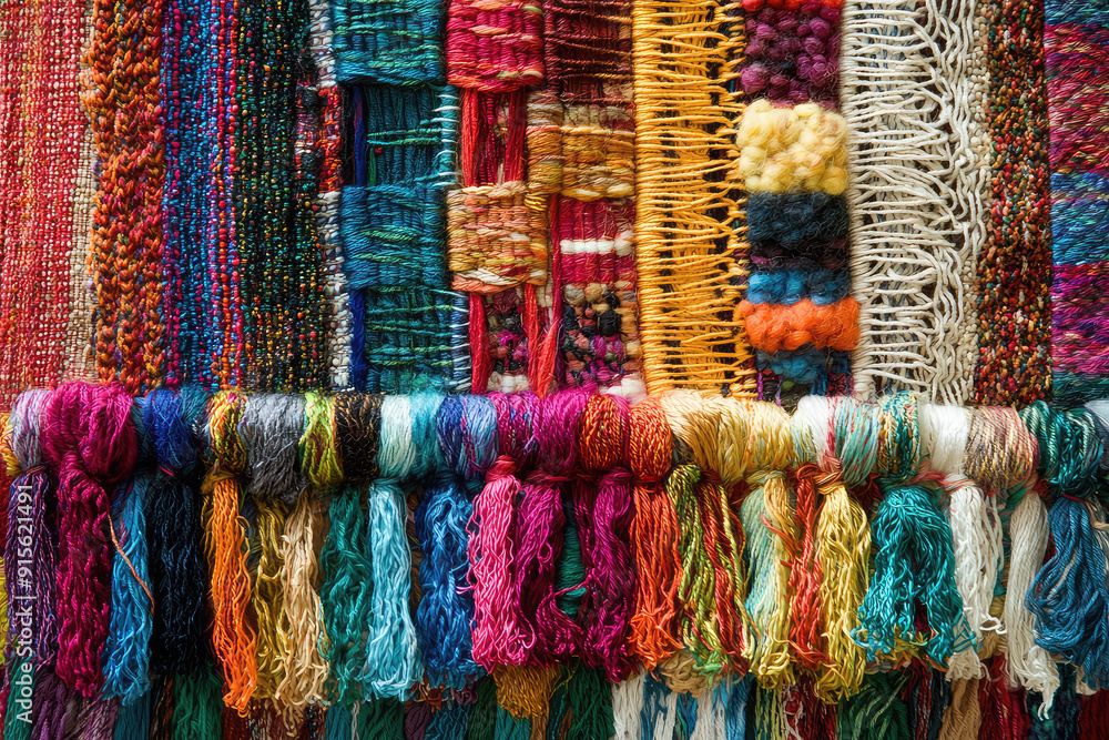Poster a vibrant tapestry of intertwined threads in various yarns and colors, showcasing intricate patterns