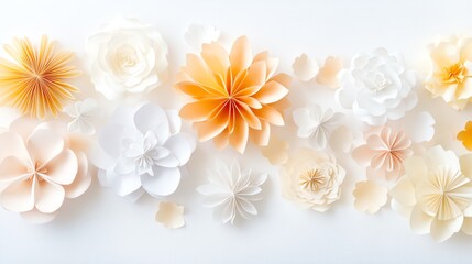 Delicate paper flowers arranged beautifully in soft colors on a white background, perfect for decoration or design inspiration.