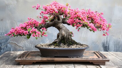 Bonsai with delicate foliage and a twisted trunk, set against a simple gradient backdrop