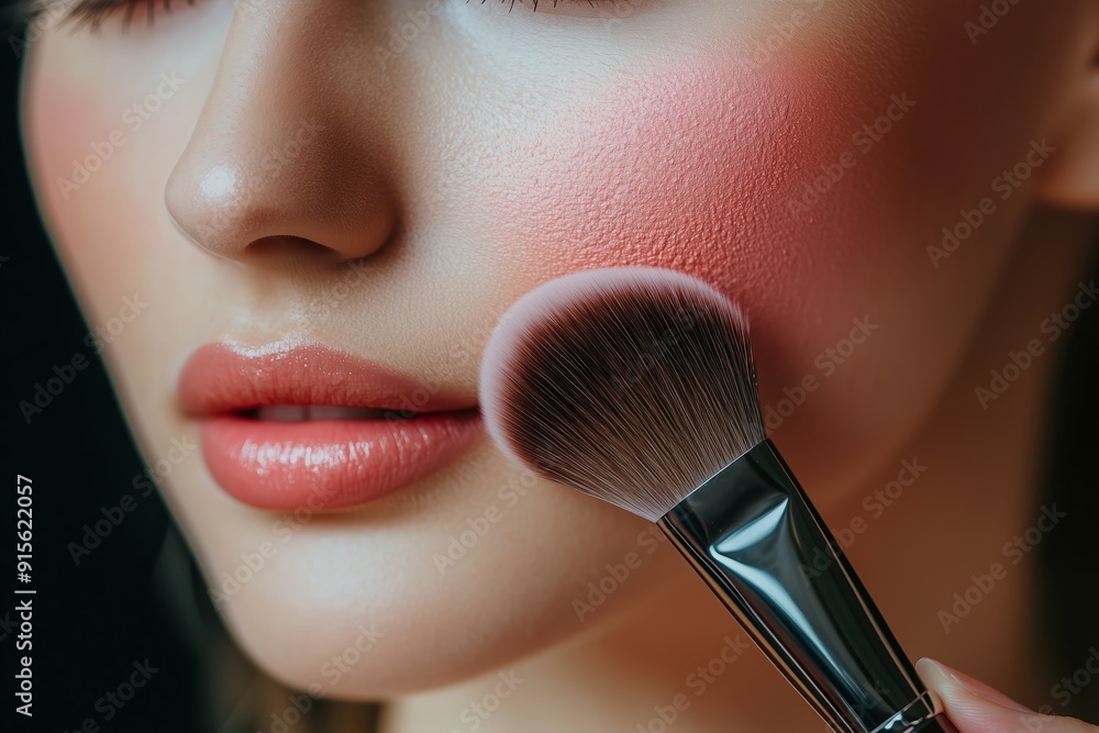 Poster applying blush to enhance facial features during makeup application in a studio setting