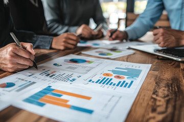 A team of experts collaborating over financial charts and data, highlighting teamwork and strategic planning, fostering innovation and success.