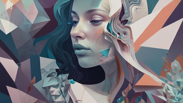 Abstract digital portrait of a woman with flowing, colorful shapes and soft tones, blending into a surreal, dreamlike atmosphere.