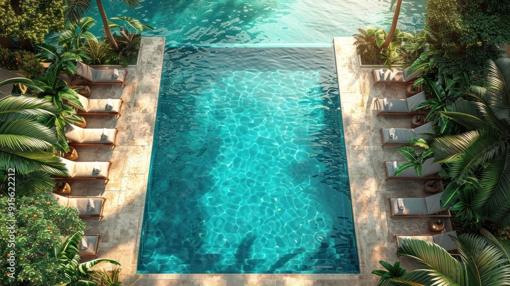 Wall mural aerial view of an empty pool with crystal clear blue water