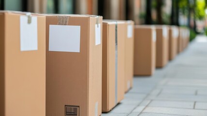 A row of moving boxes with shipping labels, lined up on the sidewalk, awaiting pickup, ready for the final shipping process